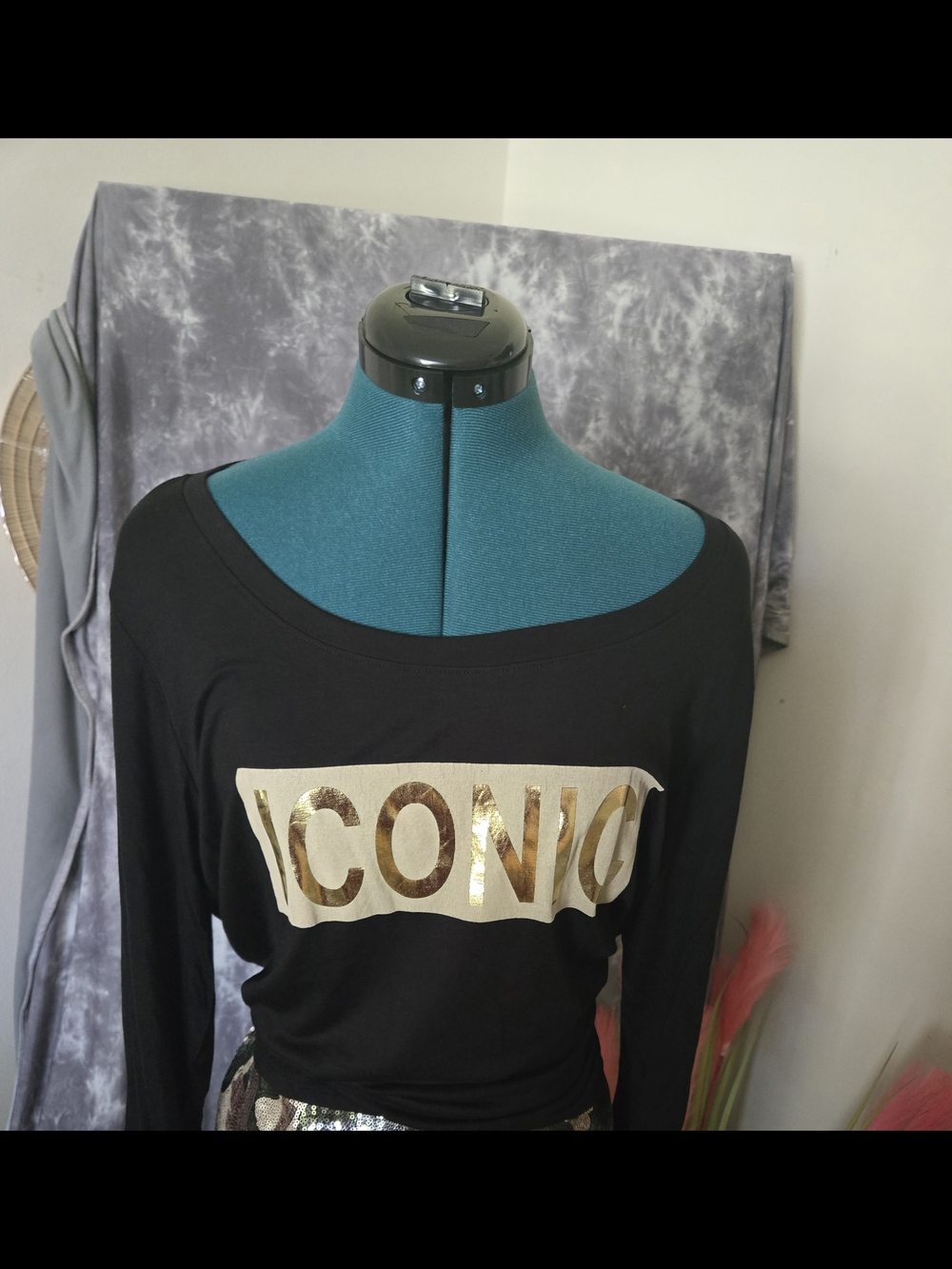 Ashley Stewart Black Long Sleeve Graphic Top with Gold Accents